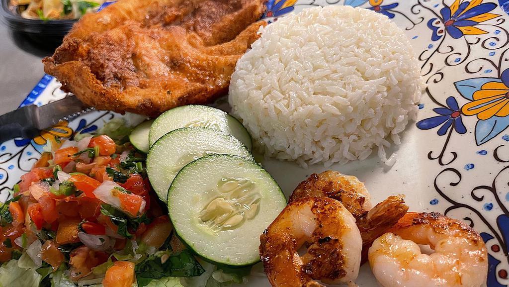 Dos Mares · Breaded fish or grill with grill shrimp over white rice, lettuce and pico de gallo