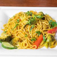 Vegetable Noodles Bowl (Chow-Mein) · Spaghetti noodles, cooked with herbs and spices, and mix vegetables ( with cabbage, onion, b...