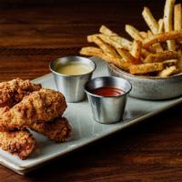 Hand Battered Chicken Tenders · Hand-cut fries, ranch dipping sauce.