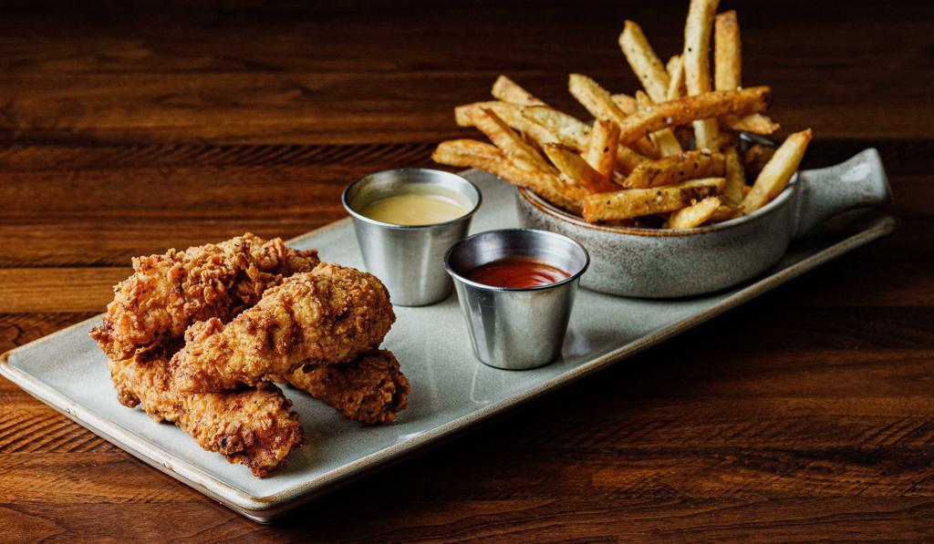 Hand Battered Chicken Tenders · Hand-cut fries, ranch dipping sauce.