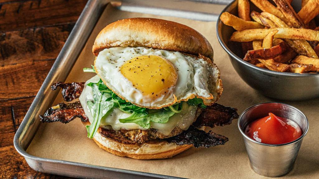 House Burger
 · Black garlic aioli, pickled green tomatoes,
sunny-side egg. served with hand-cut fries.

These items may be served under-cooked. Consuming raw or under-cooked meats, poultry, seafood, shellfish, eggs or unpasteurized milk may increase your risk of food-borne illness.