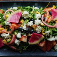 Arugula & Mixed Berries Salad · Charred corn, tomato, pickled onions, house ricotta, smoky dijon