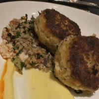 Crab Cakes · Lump crab, roasted garlic aioli, tabbouleh, pickled cauliflower