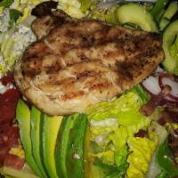 Chicken Cobb · Romaine, grilled chicken breast, bacon, gorgonzola, avocado, cucumber, radish, red onion, to...