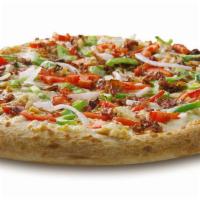 Chicken Bacon Ranch (Personal) · Our chicken bacon ranch is topped with bacon, cheese blend, chicken, green peppers, jalapeño...