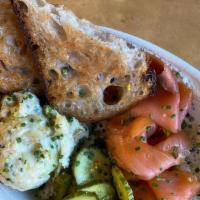 Smoked Salmon Platter · Everything Cream Cheese, Toasted Sourdough, Bread & Butter Pickles, Dairy-Free Potato Salad,...