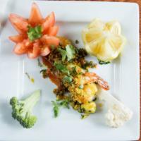 Hariyali Shrimp · Jumbo prawns, herbs and spices, asparagus-chard satan, coconut sauce.