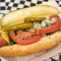 7) Chicago Hot Dog · Vienna beef hot dog on a poppy seed bun with all the classic Chicago toppings.