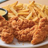 Chicken Tenders Basket · 5 pieces. Lightly battered fried chicken tenders, served with fries and honey mustard sauce.
