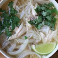Chicken Pho Noodle Soup · Tradition Vietnamese chicken bone broth noodle soup served with rice noodle, chopped chicken...