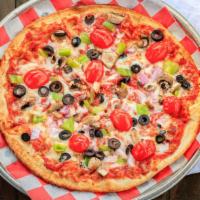 Classic Vegetarian · House Red Sauce, Mozzarella, Green Pepper, Red Onion, Mushroom, and Black Olive
