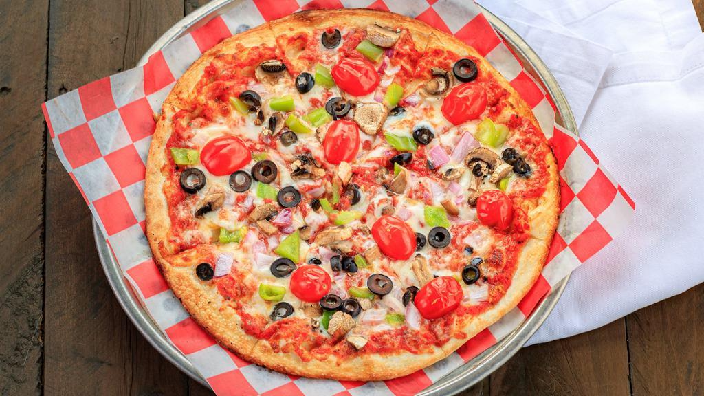 Classic Vegetarian · House Red Sauce, Mozzarella, Green Pepper, Red Onion, Mushroom, and Black Olive
