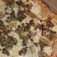 White Pizza · Garlic Herb Butter, Alfredo Sauce, Mozzarella, Ricotta Cheese, Artichoke, and Red Onion