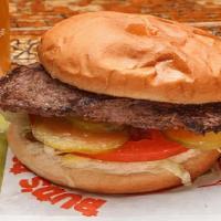 #5 Dressed Burger · Charcoal broiled hamburger patty, lettuce, tomatoes, pickles, mayonnaise, and mustard.