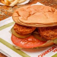 #14 Chicken Nugget Sandwich · Four piece Chicken Nuggets, lettuce, tomatoes, pickles, and mayonnaise.