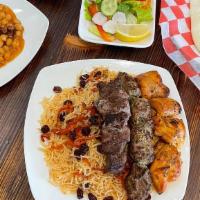 Mix Kabab With Rice  · Mix Kabab, chicken, lamb, beef. served with rice, chickpeas, salad and tandoori naan