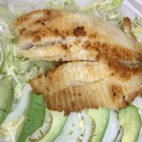 Tilapia Salad · Grilled tilapia, served over lettuce, tomato bell peppers and avocado.