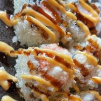Mars Roll · 8 pieces. Tempura crabmeat, cream cheese, tempura flakes, with eel sauce and spicy mayo.
