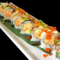 Rainbow Dragon · 8 pieces. Tempura shrimp, cucumber, topped with spicy tuna, eel and avocado, with eel sauce ...