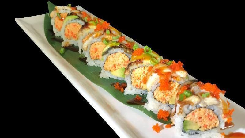 Rainbow Dragon · 8 pieces. Tempura shrimp, cucumber, topped with spicy tuna, eel and avocado, with eel sauce and spicy mayo.