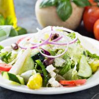 House Salad · Fresh Salad made with Fresh Green Lettuce Mix, Tomatoes, Black olives, Red Onions, Bell Pepp...