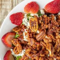 Strawberry Salad · Baby spring mix, Fresh cut strawberries, crumbled bleu cheese, crisp applewood bacon, spicy ...