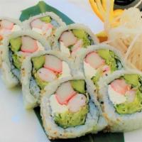 Miami Hurricane Roll · Imitation crab meat, cooked shrimp, lettuce, cucumber, cream cheese, scallion and Japanese m...