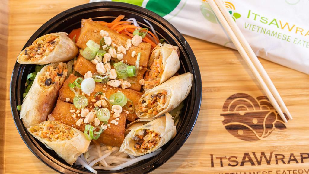 Vermicelli Noodle Bowl · Vermicelli Rice Noodles bowl filled with your choice of protein and toppings. Comes with 1 egg roll of your choice of meat (pork and shrimps) or veggie.