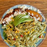 Fountain Of Youth · Salad mix, chicken chimichurri, maduros, queso fresco,  roasted corn salsa, avocado, red win...