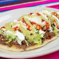 Huaraches · Home made, oval shaped, thick tortilla, topped with beans, your choice of meat or veggie(fro...