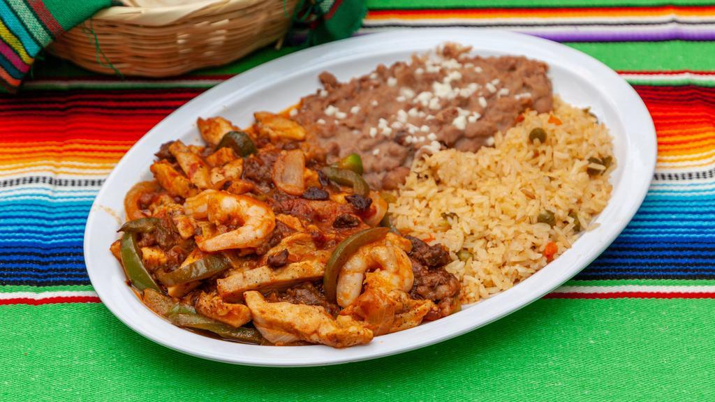Fajitas · Your choice of meat/meats with Green Bellpepper, Tomatoe, and onion served with rice and beans