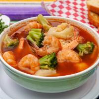 Caldo De Camaron · Shrimp soup mixed with cauliflower, broccoli and carrots served with a side of bread or warm...