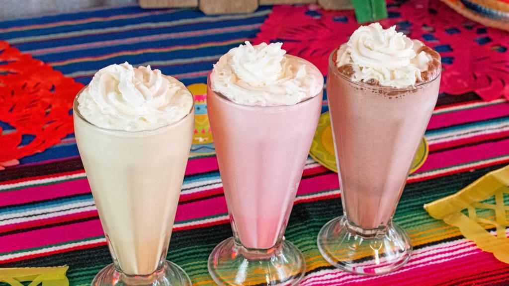 Milkshakes · Available in Chocolate, Vanilla, and Strawberry