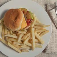 Cheeseburger & Fries · Quarter pound cheeseburger with lettuce tomato pickle and onion