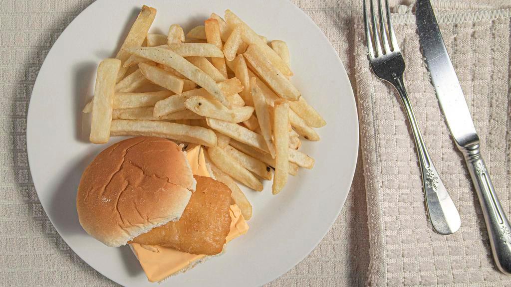 Cod Fish Sandwich & Fries · Deep Fried  fish Filet with cheese on a toasted bun