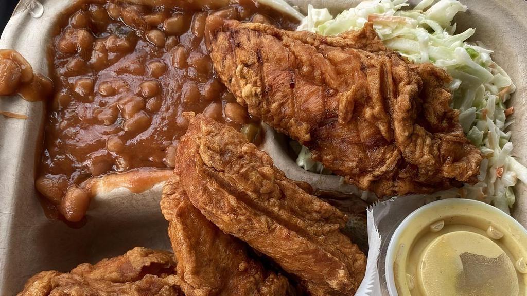 4 Tender · Includes baked beans, slaw, and white bread.
