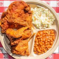Half Chicken · 1 piece of each piece. Includes baked beans, slaw, and white bread.