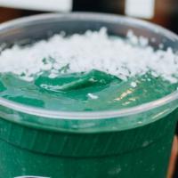 Green Smoothie · Green tea, date, avocado, spinach, mango, pink  spirulina powder, lime, with a coconut flake...
