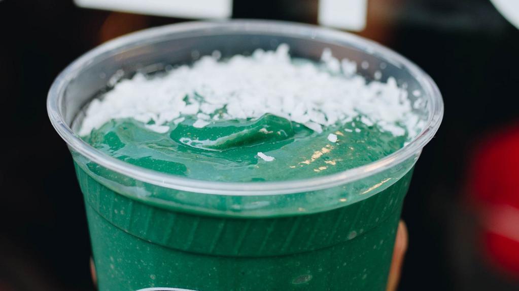 Green Smoothie · Green tea, date, avocado, spinach, mango, pink  spirulina powder, lime, with a coconut flake garnish. For Allergy /  Substitution Modification , specify at check out.