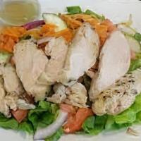 House Salad With Chicken · Lettuce, tomato, carrots, cucumbers, red onions, bacon, egg, shredded cheese blend, croutons...
