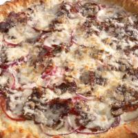 Philly Steak · A white garlic sauce base, steak, mushrooms, tomatoes, red onions, mozzarella and pecorino R...