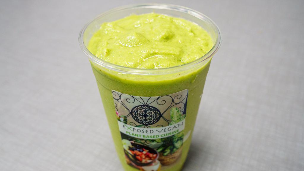 Green Goddess Smoothie · Spinach, kale, cucumber, green apple, pineapple, almonds, non dairy coconut milk yogurt, apple juice.