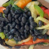 Savory Sweet Potato · Loaded with black beans, spinach, onions & bell peppers.