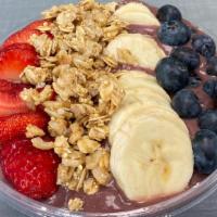 Peanut Butter Bowl · mixed frozen acai, strawberries, bananas, peanut butter in almond milk topped with granola, ...