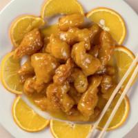 Chicken With Orange Peel · Hot and spicy. Tender chicken breast marinated in the chef's special sauce with dried orange...