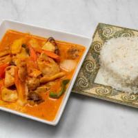 Red Curry · Spicy. Cooked with bamboo shoots, green pepper, choice beef, chicken, or pork and our Thai r...