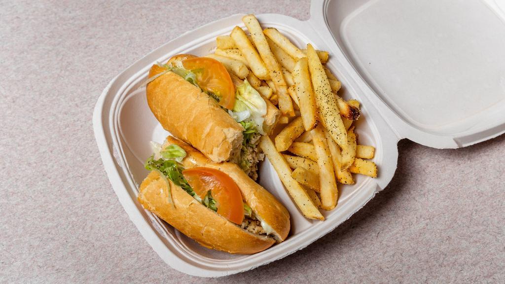 Chicken Hoagie · Chicken breast grilled with onions, topped with provolone cheese, served with lettuce, tomatoes, mayo and oil and vinegar dressing.