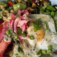 Roasted Vegetable Bowl · roasted broccoli, sautéed spinach, root vegetable hash, pickled red onion, egg, basil dressing