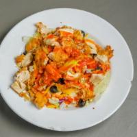 Buffalo Chicken Salad · Mixed greens topped with tender pieces of fried chicken tossed in buffalo sauce, tomatoes, b...