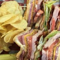 Club Sandwich · Triple decker with smoked turkey, ham, bacon on toasted bread with lettuce, tomato, cheese a...